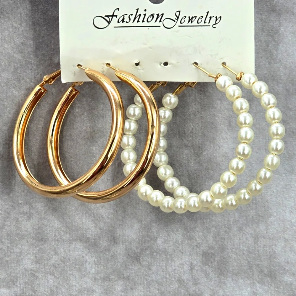 Gold Pearl Large Hoop Dangle Hook Fashion Boho Retro Jewelry Earrings JB2-73